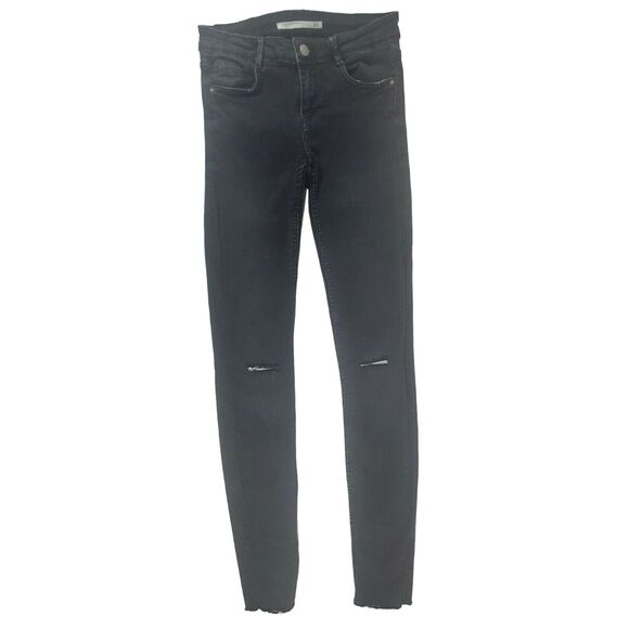 Zara Trafaluc Jeans 4 Womens Black Light Distressed Low Rise Raw Hem Skinny - Picture 3 of 5